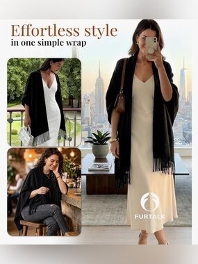 Furtalk black fringed pashmina, shawl, scarf wrap. New, in box.